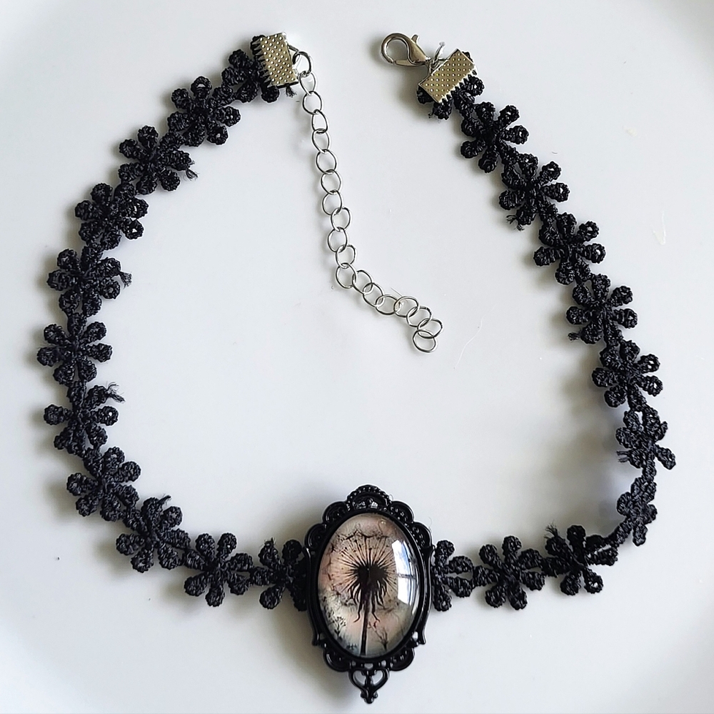 Black Lace Dandelion Cameo Choker – Gothic Botanical Pendant